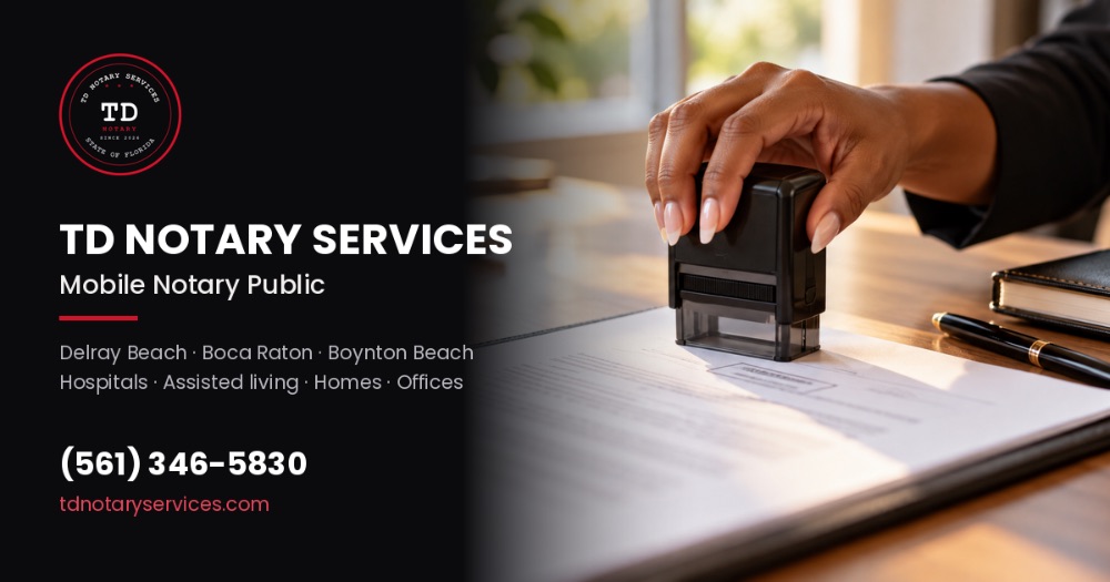 Business card for TD Notary Services in Palm Beach County, FL