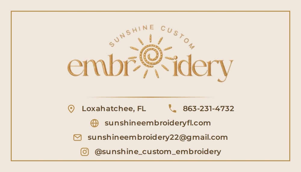 Business card for Sunshine Custome Embroidery