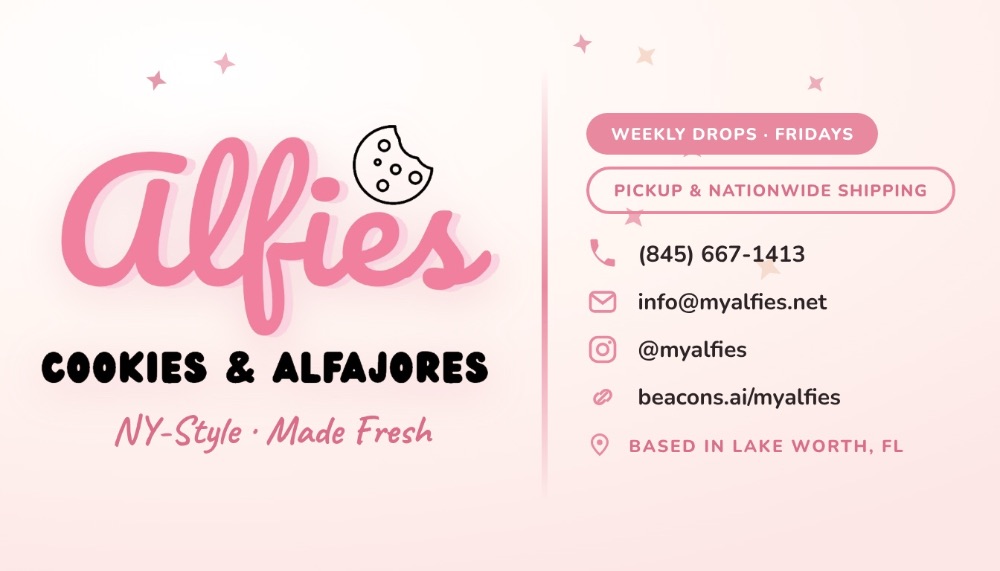 Business card for Alfies Cookies & Alfajores