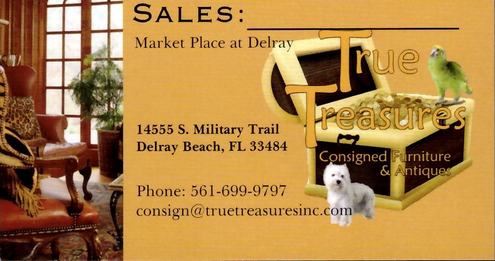 Business card for True Treasures in Delray Beach, FL