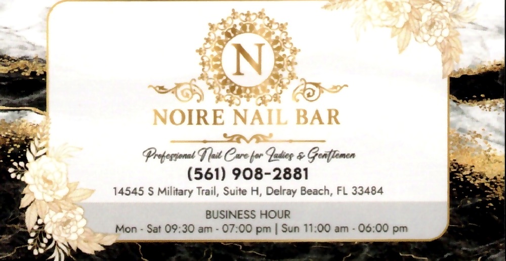 Business card for Noire Nail Bar in Delray Beach, FL