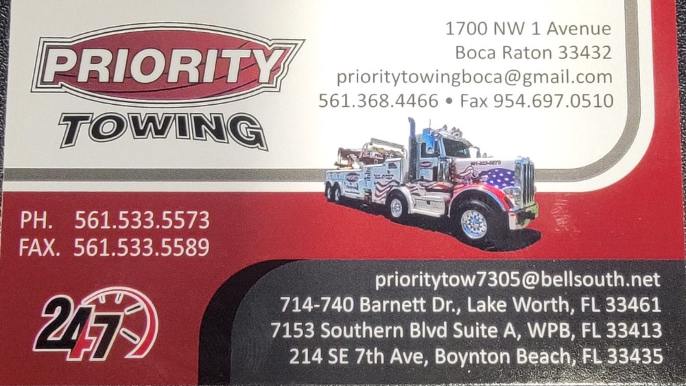 Business card for PRIORITY TOWING in Boca Raton, FL