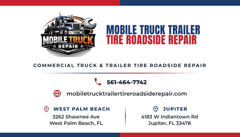Business card for Mobile Truck Trailer Tire Roadside Repair in West Palm Beach, FL